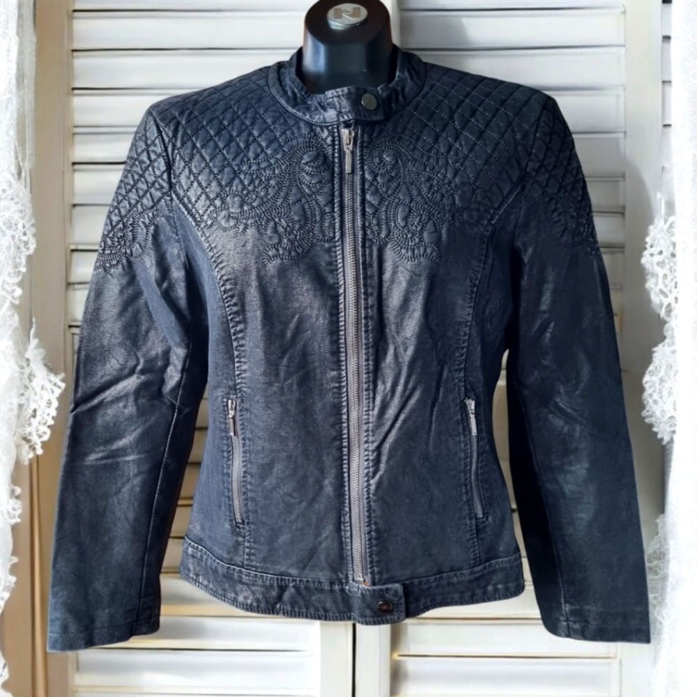 TRIBAL Faux Leather Quilted Embroidered Biker Bomber Jacket